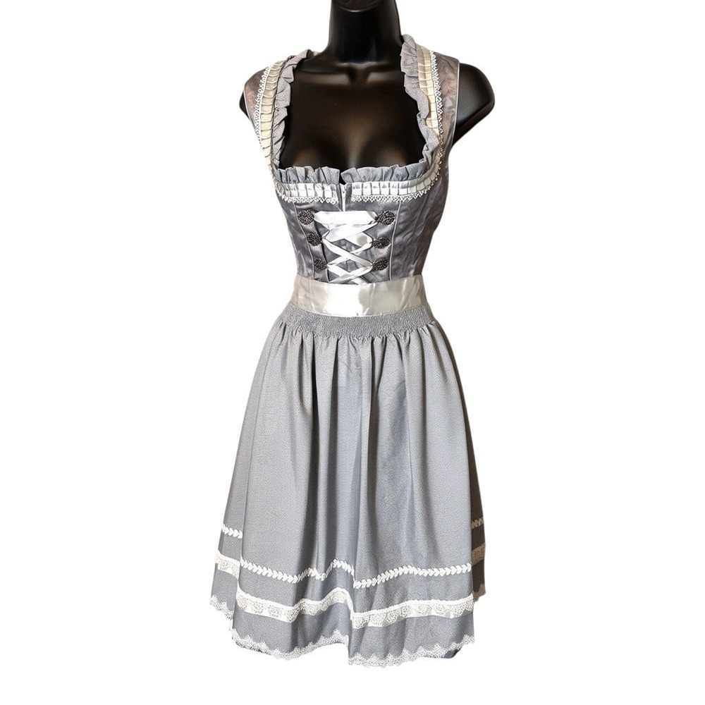 New Small Grey Oktoberfest Dirndl Dress Apron Set German Bavarian Costume